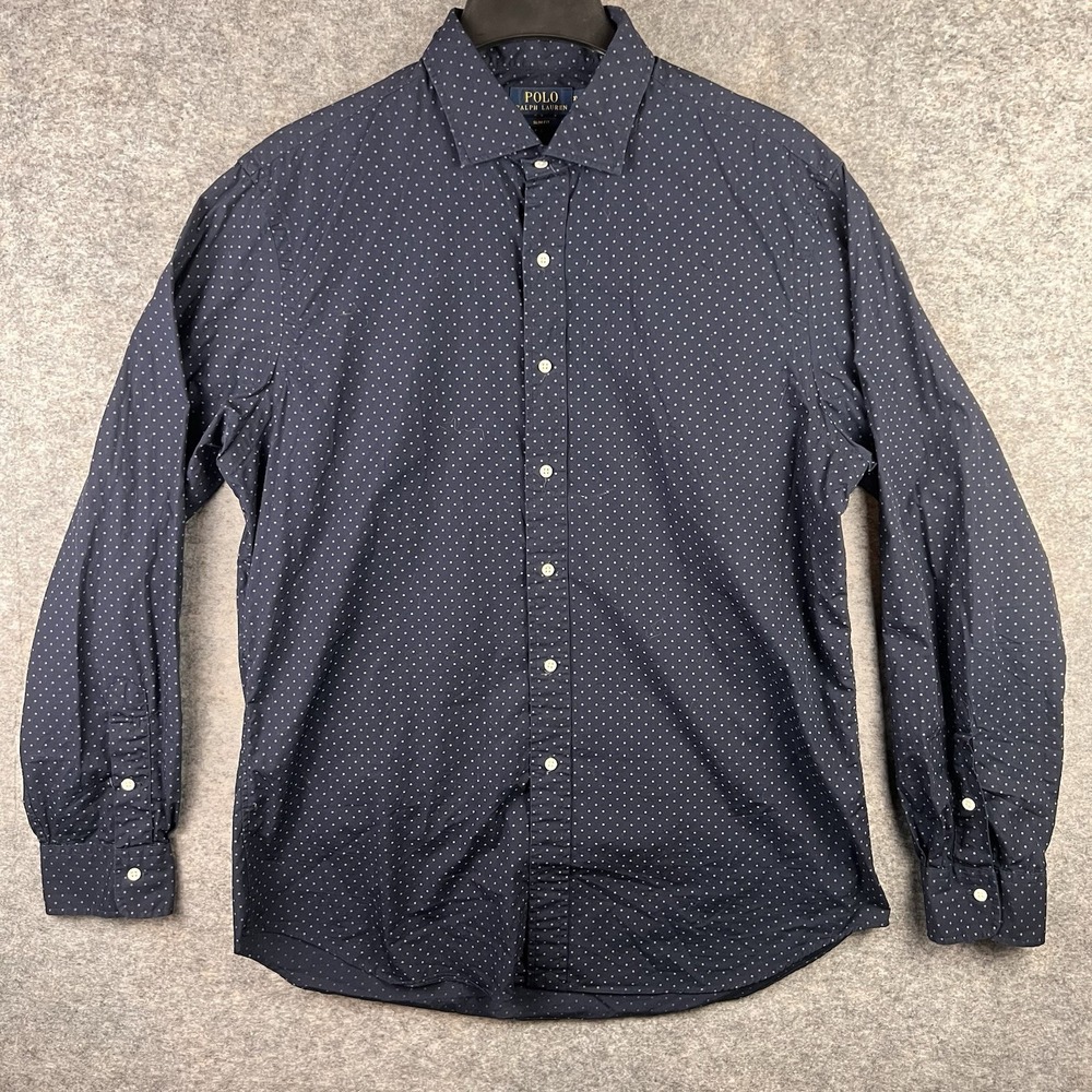 Polo Ralph Lauren Button Up Long Sleeve Slim Fit Blue W/White Polka Dots Size XL